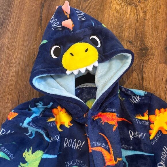 Giggling Getup Kids Dinosaur Hooded Plush Robe Blue Size L - Picture 8 of 11